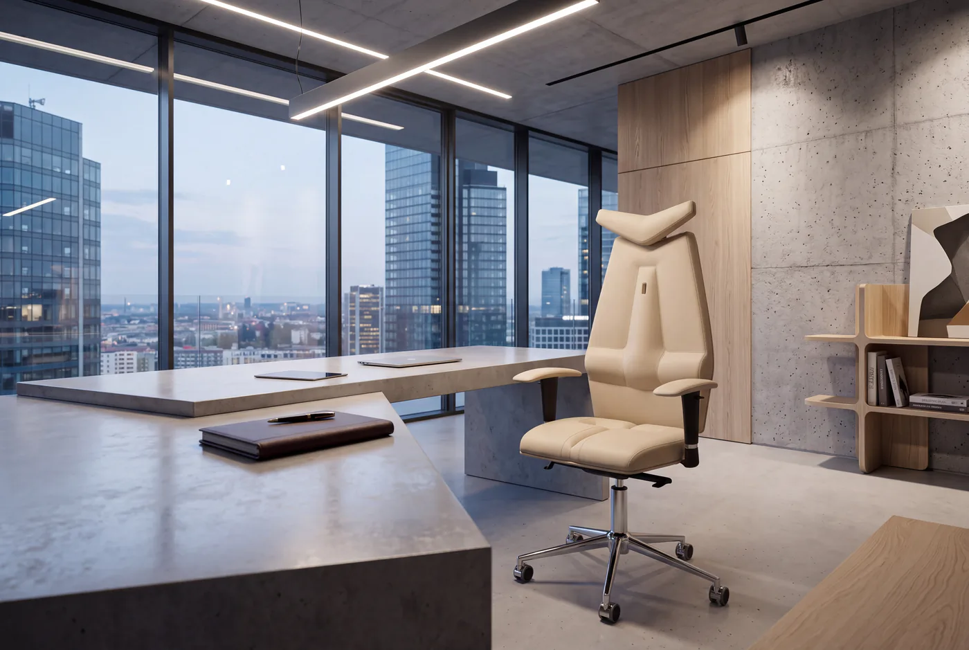 Cream Kulik System Jet chair in a concrete office overlooking the city at dusk