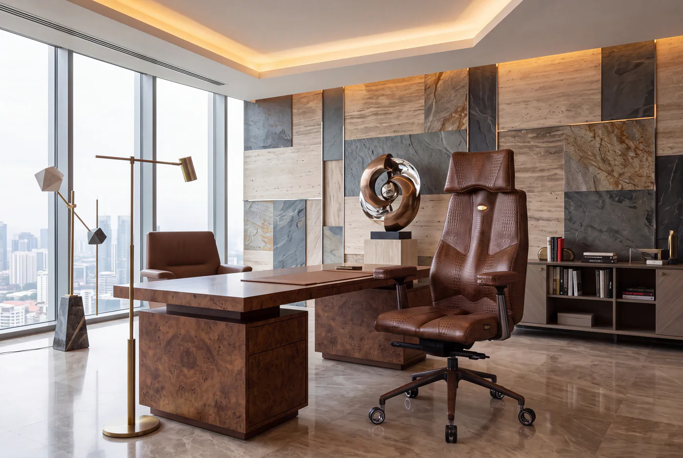 Crocodile-texture Kulik System Croco chair in an executive office with city skyline
