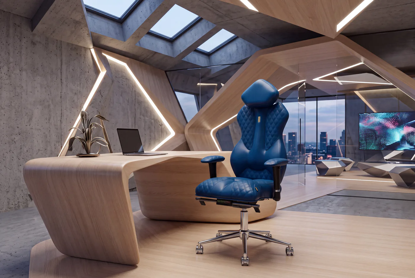 Blue quilted Kulik System Royal chair in a geometric executive office