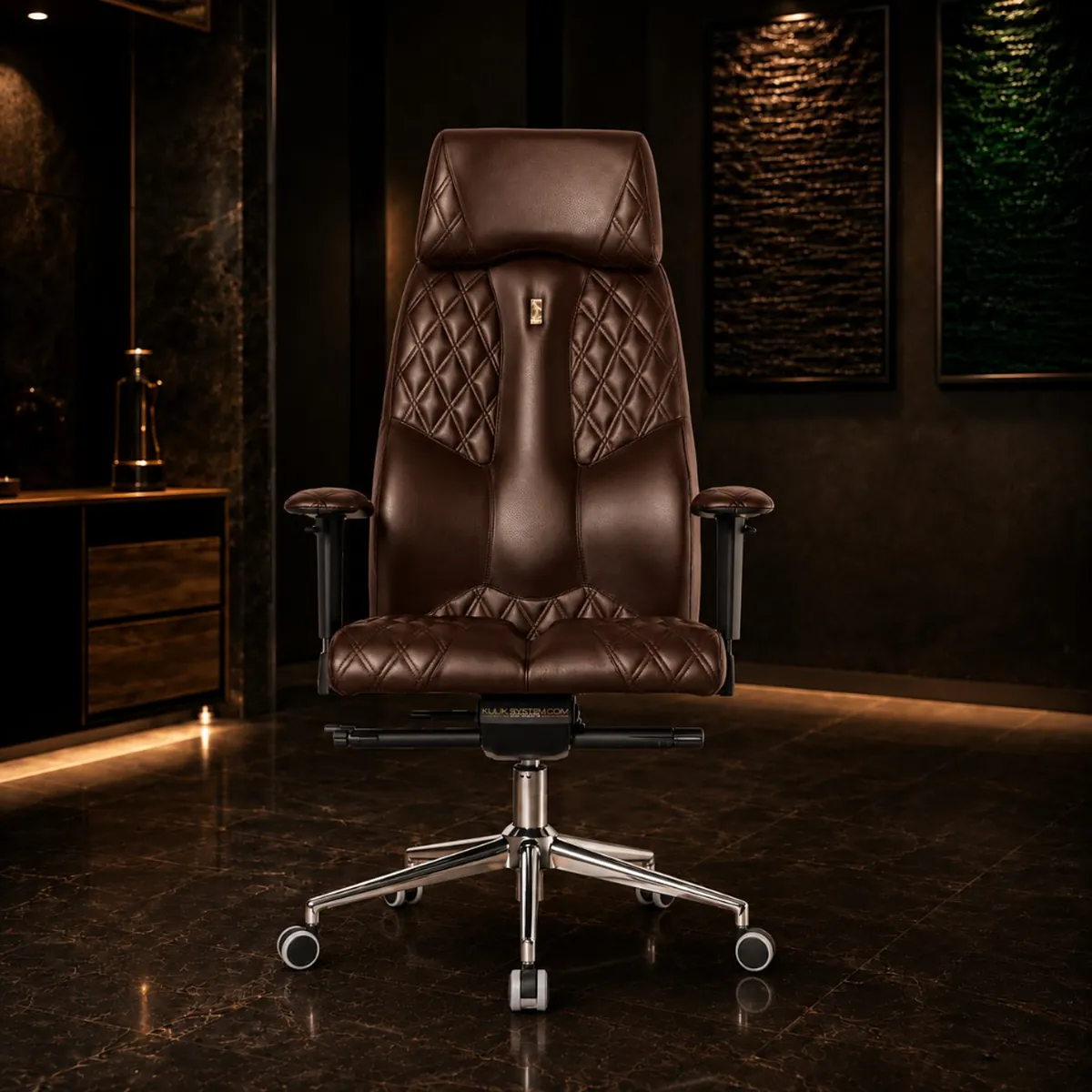 Brown leather KULIK SYSTEM chair ready for a test drive