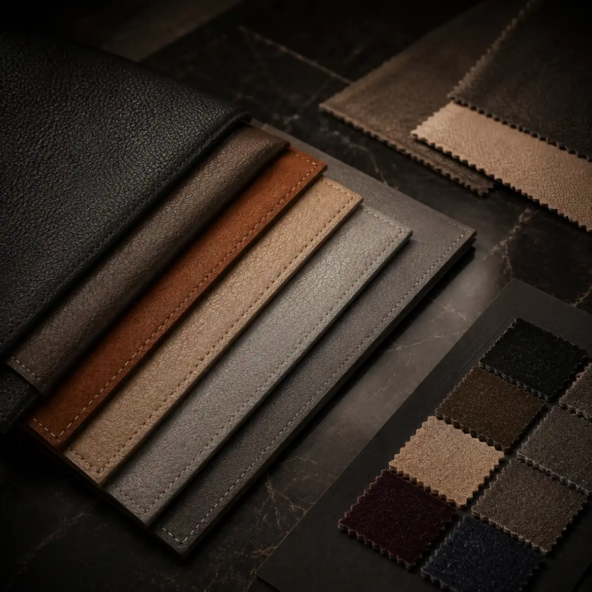 Leather and fabric swatches for customizing a KULIK SYSTEM chair
